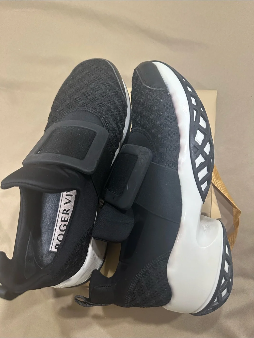 Roger Vivier Black Knit Slip-On Sneakers with Signature Buckle